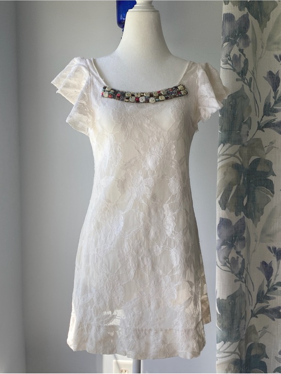 Free People Dresses & Skirts - Free People Sheer White Floral Lace Dress With Flutter Sleeves XS Boho Fairy